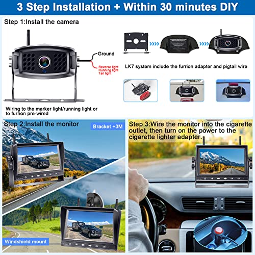 LeeKooLuu RV Backup Camera Wireless Waterproof 7'' LCD Split Screen DVR Dash Monitor Touch Key Rear View System 4 Channels Travel Trailers Adapter for Furrion Pre-Wired RVs Night Vision LK7