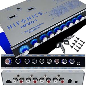 hifonics hfeq7 7-band 9 volts 1/2 din pre-amp car audio graphic equalizer with front 3.5mm auxiliary input, rear rca auxiliary input and high level speaker inputs black