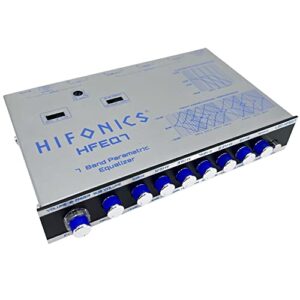 Hifonics HFEQ7 7-Band 9 Volts 1/2 DIN Pre-Amp Car Audio Graphic Equalizer with Front 3.5mm Auxiliary Input, Rear RCA Auxiliary Input and High Level Speaker Inputs Black