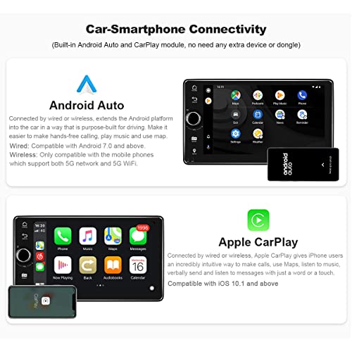 Joying 7" Single Din Car Stereo Android 10.0 Head Unit Touch Screen Car Radio Support Bluetooth 5.1/Carplay/Android Auto/5G WiFi/Subwoofer Output/Audio Out/Video in