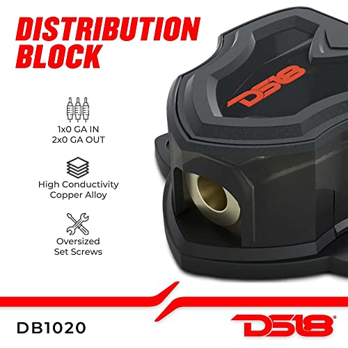 DS18 DB1020 Distribution Ground Block - 1 x 0GA in/ 2 x 0GA Out, Nickle Plated Internal Materials, High-Strength Heat Resistant Plastic Housing, Oversized Screws for Secure Connections (1 in 2 Out)
