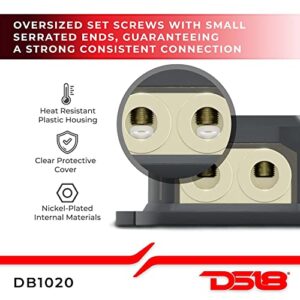 DS18 DB1020 Distribution Ground Block - 1 x 0GA in/ 2 x 0GA Out, Nickle Plated Internal Materials, High-Strength Heat Resistant Plastic Housing, Oversized Screws for Secure Connections (1 in 2 Out)