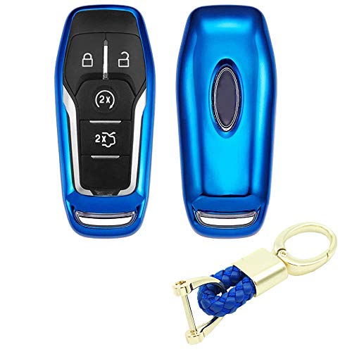 Royalfox(TM) 4 5 Buttons TPU Smart keyless Entry Remote Key Fob case Cover Keychain for Ford Mustang F-150 F-450 Explorer Taurus Fusion Edge,Lincoln MKZ MKC MKX (Blue)