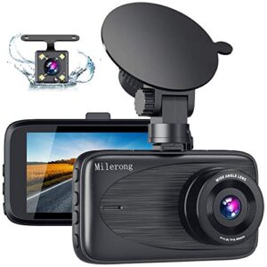 dash cam front and rear, milerong 1080p fhd dash camera for cars, 3″ ips display full hd170° wide angle car camera with night vision, g-sensor, loop recording, parking monitor, motion detection, wdr