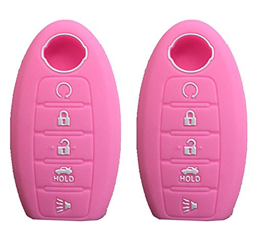 KAWIHEN 2pcs Silicone Smart Remote Key Fob Cover Protector for 350Z 370Z Altima Armada GT-R Leaf Pathfinder Rogue Sentra Maxima Murano Versa 5 button CWTWB1U840 285E3-3SG0D (Pink)