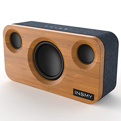 INSMY Bluetooth Speaker with Super Bass, 25W Loud Bamboo Wood Home Audio Wireless Speakers with Subwoofer Stereo Pair,Deep Bass Retro Bookshelf Speakers with Mic, AUX,TF Card (A320/M10) Upgraded