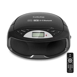 gelielim portable cd boombox with remote, fm stereo sound system, bluetooth, karaoke, playback cd/mp3, front aux-in port, headphone jack, tiny body, lcd display, supported ac/dc