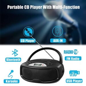 Gelielim Portable CD Boombox with Remote, FM Stereo Sound System, Bluetooth, Karaoke, Playback CD/MP3, Front Aux-in Port, Headphone Jack, Tiny Body, LCD Display, Supported AC/DC