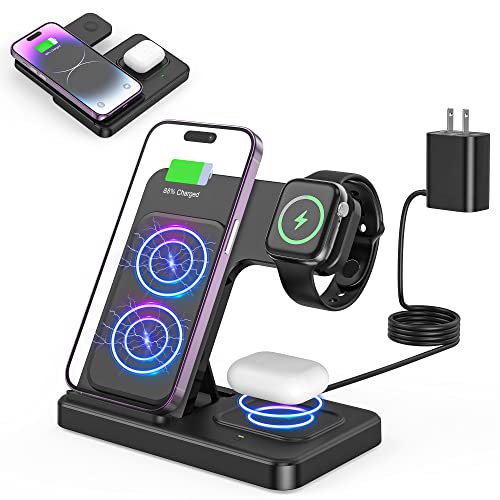 3 in 1 Wireless Foldable Charging Station,Folding Fast Charger Dock Stand for Apple iPhone 14/13/12/11/Pro/Max/XS/XR/X/Plus/Apple Watch 7/6/5/4/3/2/SE, AirPods 3/2(with Adapter)