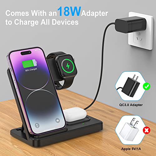 3 in 1 Wireless Foldable Charging Station,Folding Fast Charger Dock Stand for Apple iPhone 14/13/12/11/Pro/Max/XS/XR/X/Plus/Apple Watch 7/6/5/4/3/2/SE, AirPods 3/2(with Adapter)