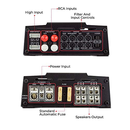 DS18 CANDY-X4B Amplifier in Black - Class D, 4 Channels, 1600 Watts Max, Digital, 2/4 Ohm - Don't Sacrifice Space for Power - Compact Mini Ampflier for Speakers in Car Audio System