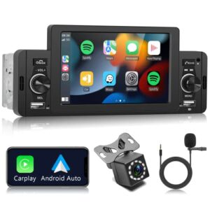 single din apple carplay car stereo with android auto, podofo 5” hd touchscreen radio support bluetooth fm radio android/ios mirror link/usb/tf/aux-in, car audio receivers with backup camera