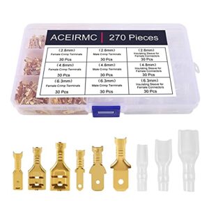 aceirmc 270pcs assortment kit quick splice male and female wire spade 2.8/4.8/6.3mm connector crimp terminal block with insulating sleeve for electrical wiring car audio speaker (gold)