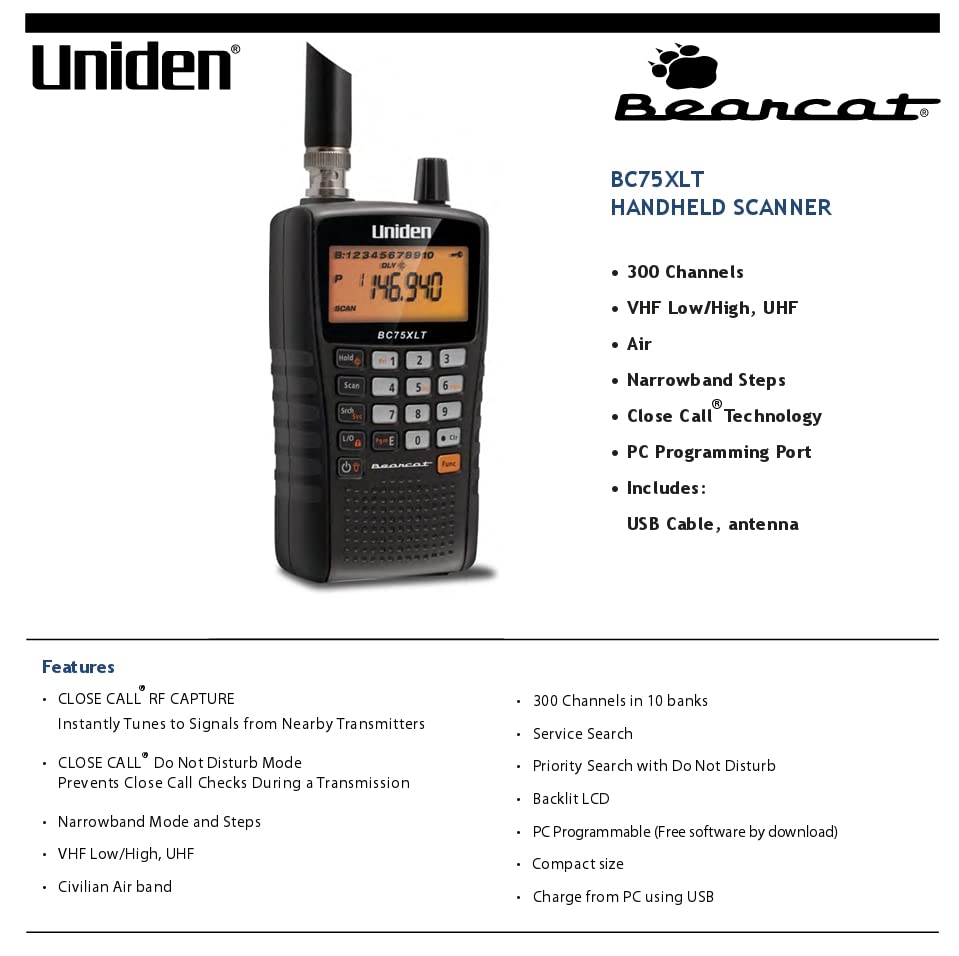 Uniden Bearcat BC75XLT Handheld Scanner, 300 Channels, 10 banks, Close Call Technology, PC Programable, NOAA Weather, Aviation, Marine, Railroad, NASCAR, and Non-Digital Police/Fire/Public Safety