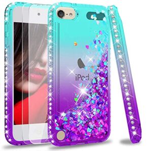 ipod touch 7th generation case, ipod touch case 7th/ 6th/ 5th with [2 pack] screen protector for girls kids, leyi glitter bling liquid cute tpu clear phone case for ipod touch 7 6 5 (teal/purple)
