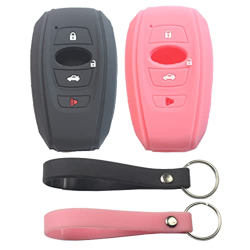 kcpros 2Pcs Rubber Silicone 4 Buttons Smart Key Fob Cover Case Skin Protector Keyless with Keychain Compatible with Subaru Ascent BRZ Crosstrek Forester Impreza Legacy Outback STI WRX Black Pink