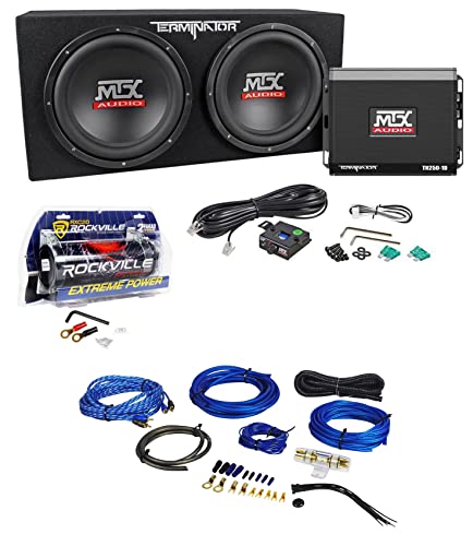 MTX Terminator TNP212D2 1200 Watt 2 Ohm Dual 12 Subwoofers/Sub Box/Amp Package Bundle with Rockville RXC2D 2 Farad Stiffening Power Capacitor & RWK81 Amp Installation Wire Kit (3 Items)