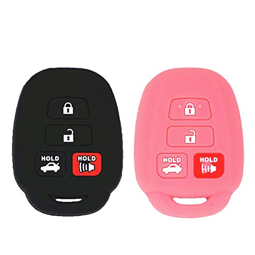 EXUNTECH 2Pcs Rubber Silicone Key Fob Cover Remote Keyless Protector Bag Holder for Toyota Camry Avalon Corolla RAV4 Highlander Venza HYQ12BDM, Black Pink