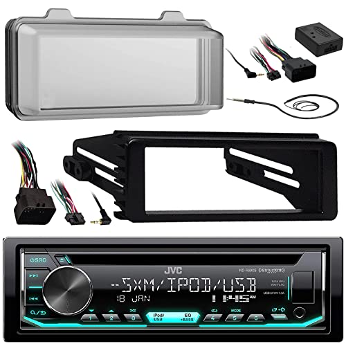 JVC KD-R690S Single DIN in-Dash CD/AM/FM Car Stereo Receiver Bundle Combo with Install Dash Kit + Handle Bar Control + Enrock Antenna for 98 2013 Harley Touring Flht Flhx Flhtc Motorcycle Bike