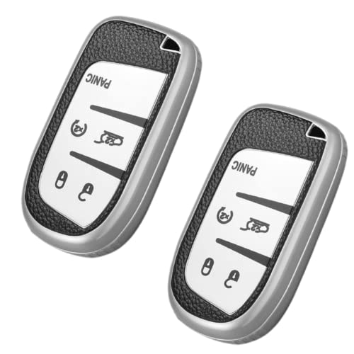 2PCS SNUGFIT Key Fob Cover for JEEP & Dodge | Grand Cherokee, Renegade, Charger, Challenger, Dart, Durango, Journey Chrysler 300 keyfob (Push Button Start Models) (2PCS LEATHER TPU)