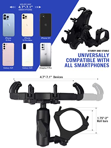 UTV Phone Mount, 360°Rotation ATV Phone Holder Easily Install on 1.75-2" Roll Bar, One Hand Operation Phone Carrier, 8 Claws and Aluminum Alloy Sturdy to Hold 4.7"-7.1" Devices for UTV, SXS