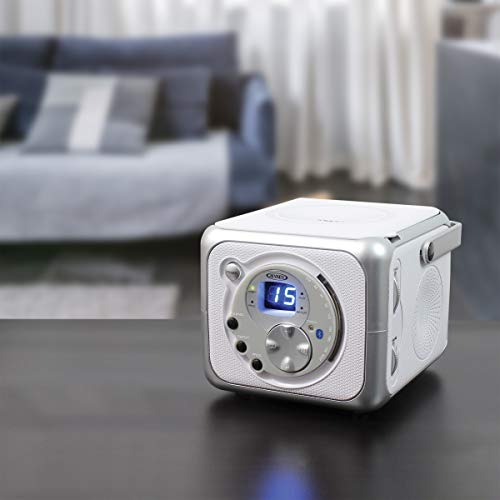 Jensen CD-555 White/Silver CD Bluetooth Boombox Portable Bluetooth Music System with CD Player +CD-R/RW & FM Radio with Aux-in & Headphone Jack Line-In