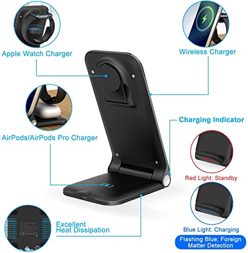 Wireless Charging Station,3 in 1 Wireless Charger Stand,Fast Charging Station Foldable, Compatible with iPhone 12/14/13/11/Pro/Max/XS/Max/XR/XS/X, iWatch 8/7/6/SE/5/4/3/2, Airpods Pro/3/2 etc