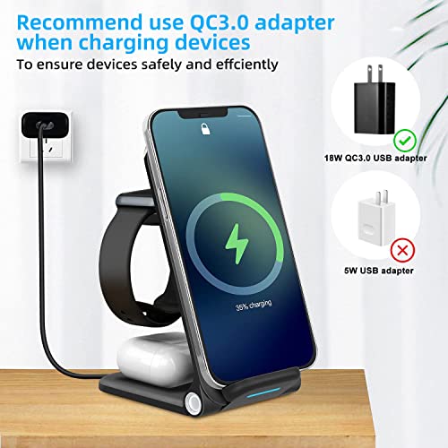 Wireless Charging Station,3 in 1 Wireless Charger Stand,Fast Charging Station Foldable, Compatible with iPhone 12/14/13/11/Pro/Max/XS/Max/XR/XS/X, iWatch 8/7/6/SE/5/4/3/2, Airpods Pro/3/2 etc