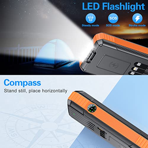 DJKK Solar Power Bank Wireless Charger 33800mAh Built in 4 Cables and LED Camping Lights 22.5W Fast Charging Power Bank 7 Outputs 4 Inputs Portable Charger Compatible with All Mobile Devices (Orange)