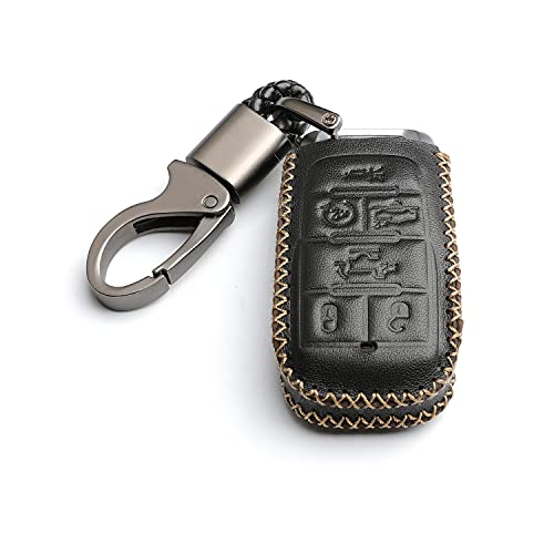 WFMJ Leather for RAM 1500 2019 2020 2021 2022 Remote 6 Buttons Key Fob Case Cover Chain (Black)