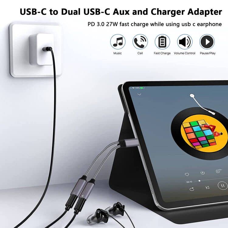USB C Splitter, 2in1 Type C Audio Adapter , Dual USB C Headphone and Charger PD 27W Fast Charging Support Call Music for Pixel 4 3 XL, Galaxy S21 S20+ S20 Note 20 10, Xperia (Not fit Moto &Oneplus)