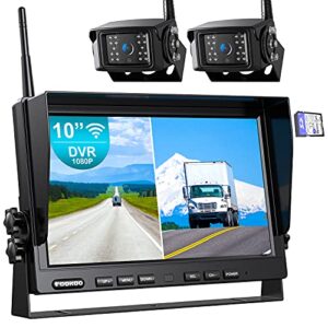 fookoo 1080p 10″ wireless backup camera system, 10″ dual/quad split monitor with recording, ip69 waterproof rear/front view cameras, parking lines for rv/truck/trailer/van(dw102)