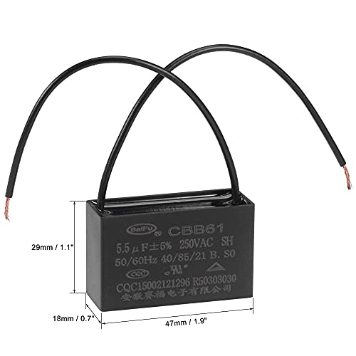 uxcell Ceiling Fan Capacitor CBB61 5.5uF 250V AC 2 Wires Metallized Polypropylene Film Capacitor 47x29x18mm for Electric Fan Pump Motor Generator 2Pcs