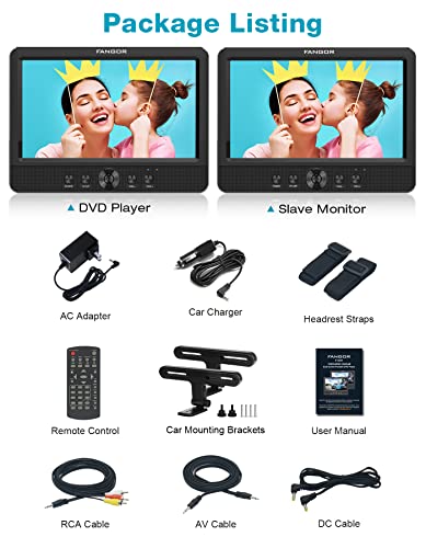 FANGOR 10.5'' Dual DVD Player for Car Portable Headrest Video Players with 2 Mounting Brackets, 5 Hours Rechargeable Battery, Last Memory, AV Out&in, Support USB/SD/Sync TV (1 Player + 1 Monitor)