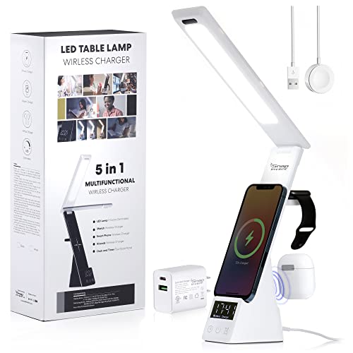 Fast Wireless Charge LED Table Lamp Cell Phone Induction 20W Charging Apple Products - Dock Station for iPhone, Apple Watch AirPods USB-C Desk & Bedside Organizer Station Light & Stand Clock Alarm
