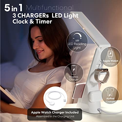 Fast Wireless Charge LED Table Lamp Cell Phone Induction 20W Charging Apple Products - Dock Station for iPhone, Apple Watch AirPods USB-C Desk & Bedside Organizer Station Light & Stand Clock Alarm