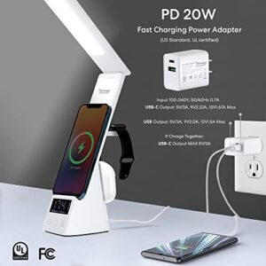 Fast Wireless Charge LED Table Lamp Cell Phone Induction 20W Charging Apple Products - Dock Station for iPhone, Apple Watch AirPods USB-C Desk & Bedside Organizer Station Light & Stand Clock Alarm