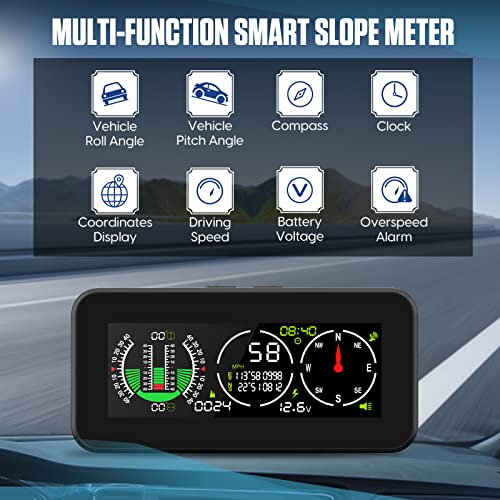 Car Inclinometer Level Tilt Meter, Digital HUD GPS Speed Slope Meter, Real-timie Speed, Vehicle tilt/Pitch Angle, Battery Voltage with HD LCD Display for 12V Off-Road Vehicle