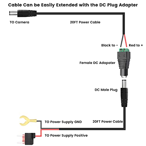 20FT DC Power Extension Cable for Vehicle Car Truck Bus Camper Backup Cameras Which are Too Far Away from Power Supply (6M)