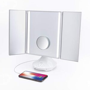 ihome beauty reflect trifold vanity speaker with bluetooth audio, hands-free speakerphone, led lighting, siri and google support, and usb charging