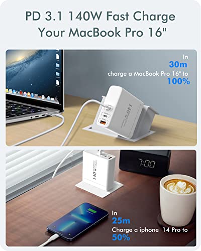 Dericam iPhone Charger USB C, 140W GaN Charger PD 3.1 Fast Charging, 3-Port Wall Charger Block for MacBook Pro/Air,iPad,IPhone14/13/12/11/X,Galaxy S22/S21,Dell XPS, ThinkPad,Pixelbook and More-White