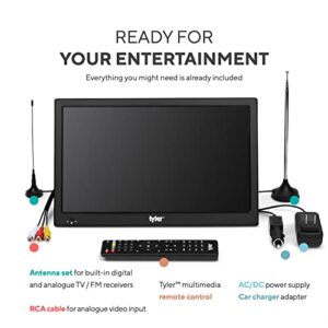 Tyler 13" Portable TV LCD Monitor Battery Powered Wireless Capability HD-TV, HDMI, SD Slot, USB, RCA, AC/DC, FM Radio, Car Charger, Remote Control, Built in Stand Small Mini for Car Kids & Traveling