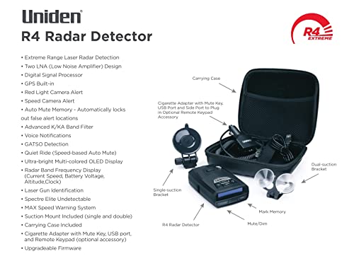 UNIDEN R4 Extreme Long-Range Laser/Radar Detector, Record Shattering Performance, Built-in GPS w/AUTO Mute Memory, Voice Alerts, Red Light & Speed Camera Alerts, Multi-Color OLED Display (Renewed)