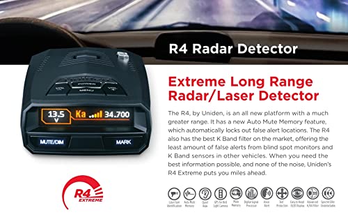 UNIDEN R4 Extreme Long-Range Laser/Radar Detector, Record Shattering Performance, Built-in GPS w/AUTO Mute Memory, Voice Alerts, Red Light & Speed Camera Alerts, Multi-Color OLED Display (Renewed)