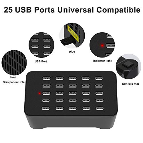 25 Ports USB Charger, 125W 25A Desktop USB Charging Station with iSmart Multiple Port, Compatible iPhone Xs Max XR X 8 7 Plus, iPad Pro Air Mini, Galaxy S9 S8 S7 Edge, Tablet and More (Black)