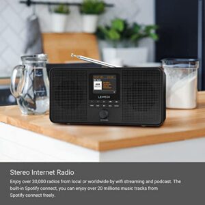 LEMEGA IR4S Stereo WiFi Internet Radio,FM Digital Radio, Spotify Connect, Bluetooth Speaker, Dual Alarms Clock, 40 Presets, Headphone-Output, Batteries or Mains Powered – Black Finish