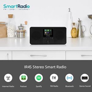 LEMEGA IR4S Stereo WiFi Internet Radio,FM Digital Radio, Spotify Connect, Bluetooth Speaker, Dual Alarms Clock, 40 Presets, Headphone-Output, Batteries or Mains Powered – Black Finish