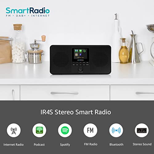 LEMEGA IR4S Stereo WiFi Internet Radio,FM Digital Radio, Spotify Connect, Bluetooth Speaker, Dual Alarms Clock, 40 Presets, Headphone-Output, Batteries or Mains Powered – Black Finish