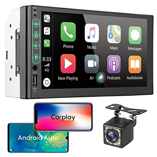 Double Din Car Stereo Compatible with Carplay and Android Auto ，7 Inch 1080P HD Touch Screen Radio，Mirror Link, Backup Camera, Steering Wheel, Bluetooth, FM,USB/AUX Port. (Wired Carplay)