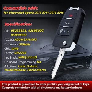 Aichiyu Modified Flip Remote Key Fob Replacement 315Mhz ID46 Chip for Chevrolet Spark 2013 2014 2015 2016 FCC ID: A2GM3AFUS03, P/N: 95233524, 42695007, 95989830